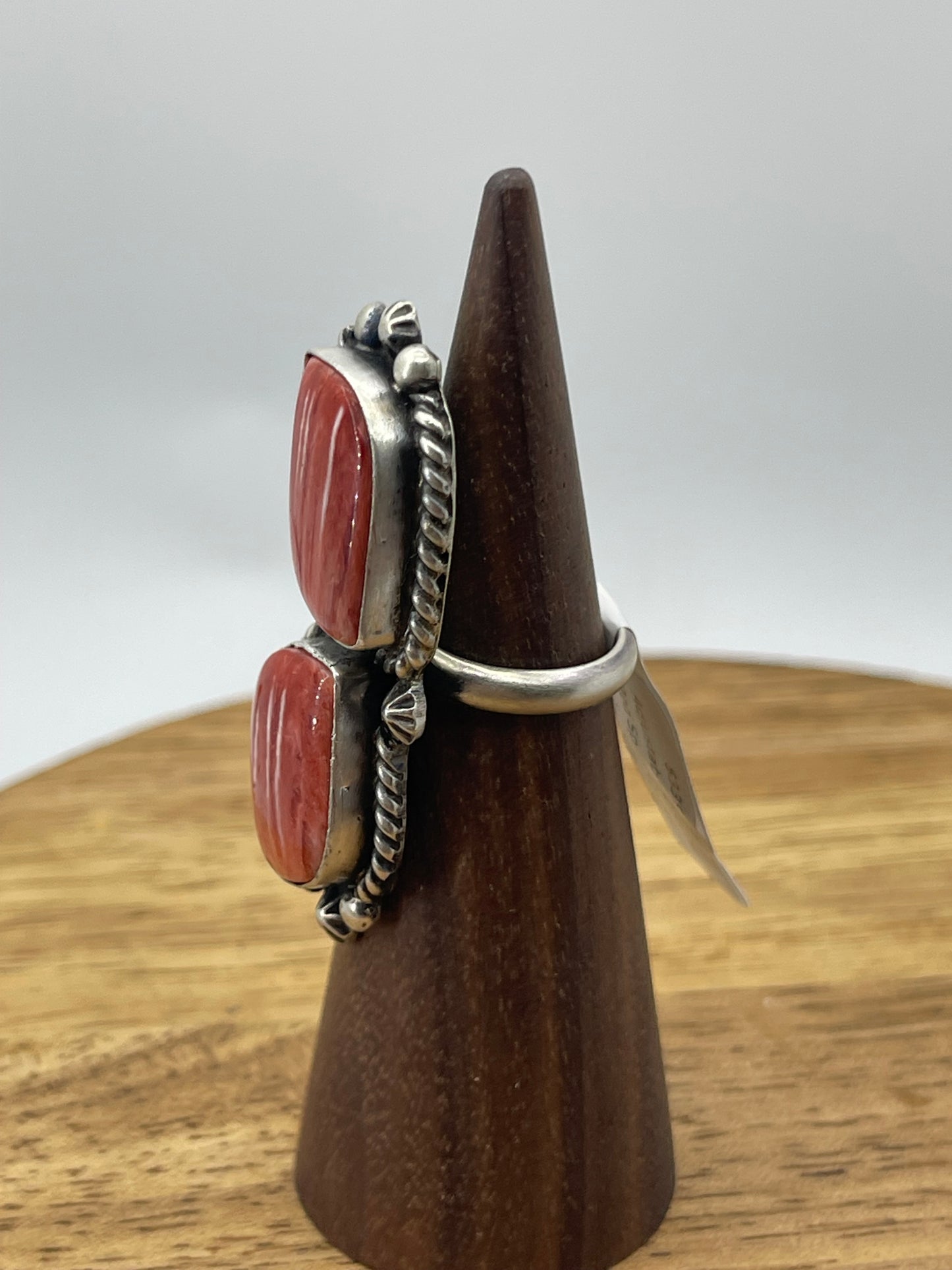 LOT 26 A 1/11 Adjustable 2 Stone Red Spiny Oyster Shell ring by Eugene Belone, Navajo