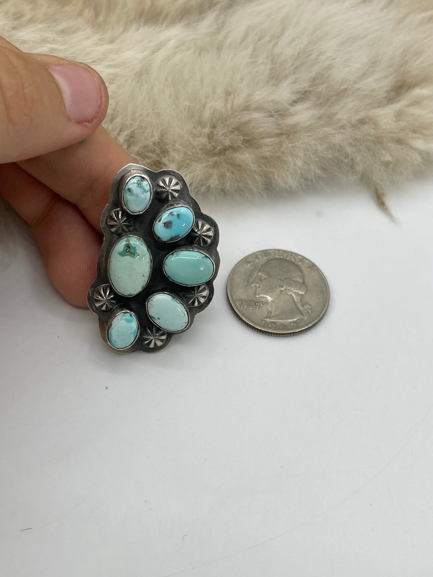 Adjustable Ring 7.0-11.0 Dry Creek Turquoise Half Cluster by Gabby Jurado, Mexican
