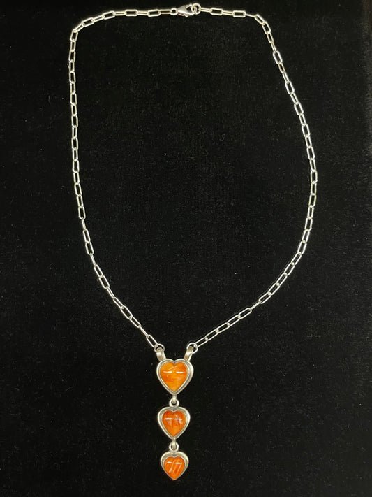 3 Stone 18" Orange Spiny Oyster Heart Necklace