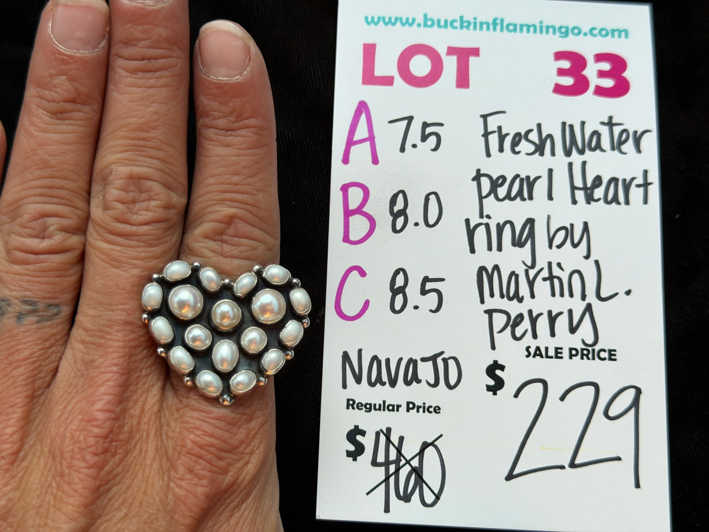 LOT 33 A 8/9 Fresh Water Pearl Heart Ring by Matin L. Perry, Navajo