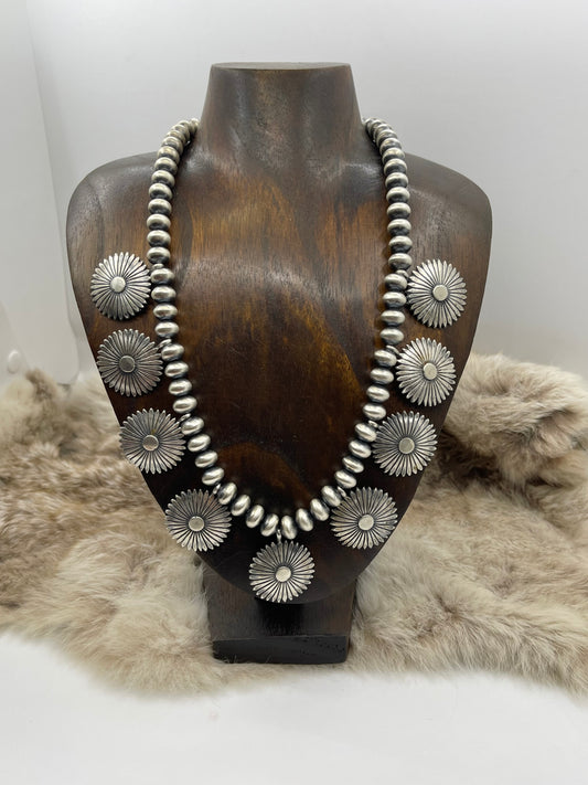 20" Handmade Navajo Pearls 10mm with Silver Conchos Necklace by Rita Largo, Navajo