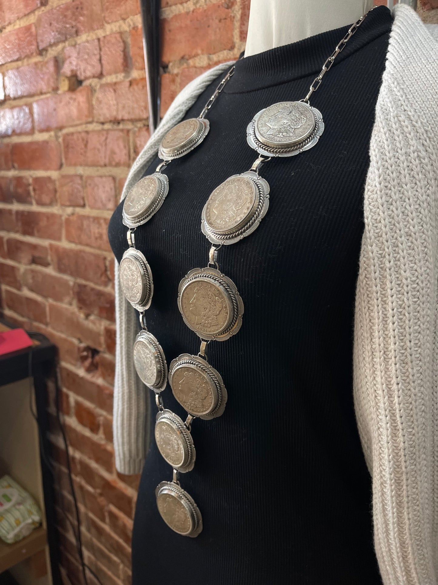 36"+4.5" Antique 1921 Morgan Silver Dollars Lariat Coin Necklace