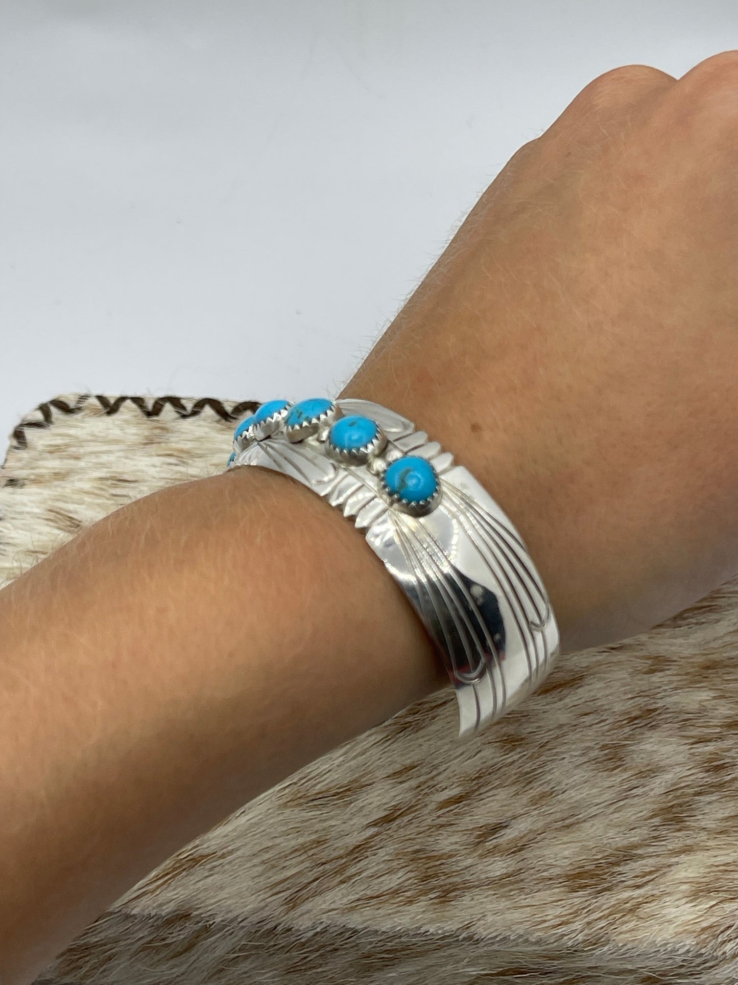6"-6 3/4" 7 Stone Sleeping Beauty Turquoise Cuff by David Segar, Navajo