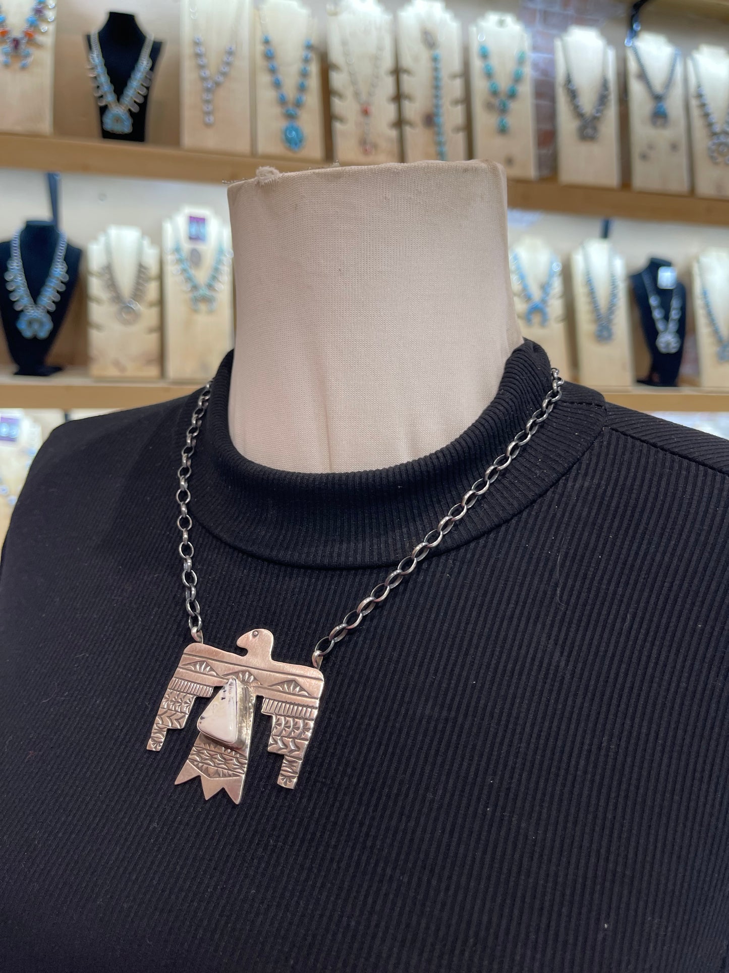 19" White Buffalo Thunderbird Necklace by Rick Enriquez, Navajo