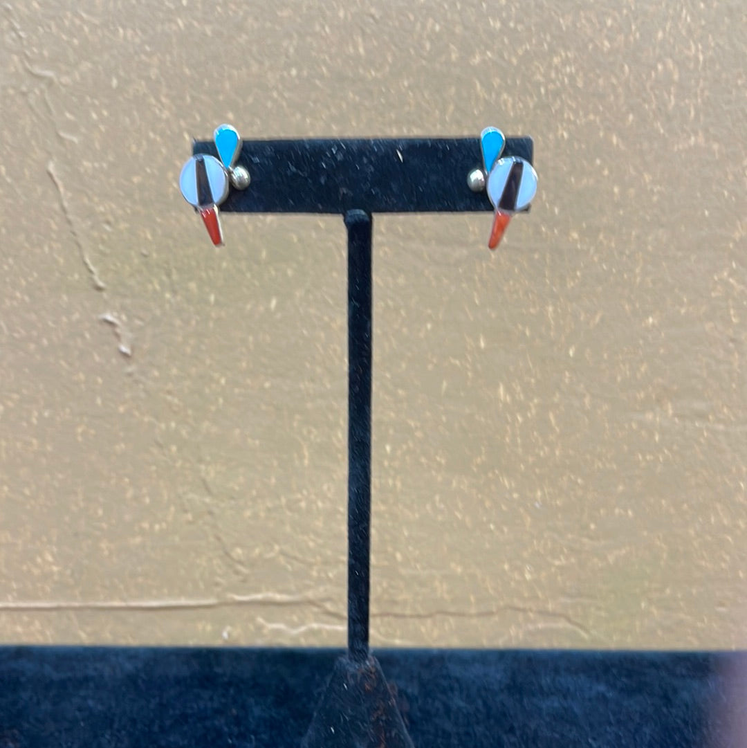 Mother Of Pearl Turquoise, Onyx, And Coral Inlay Earrings Zuni