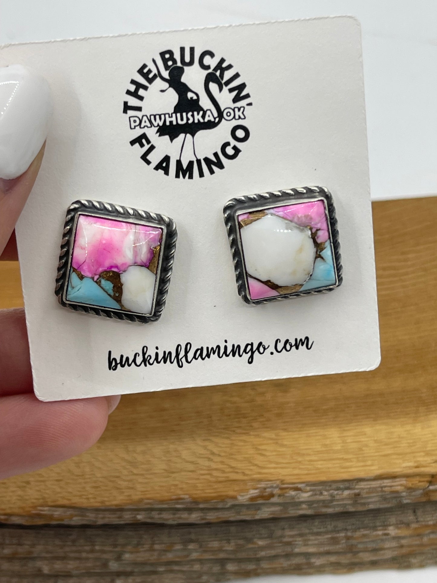 Cotton Candy Square Post Earrings by Eugene Belone, Navajo