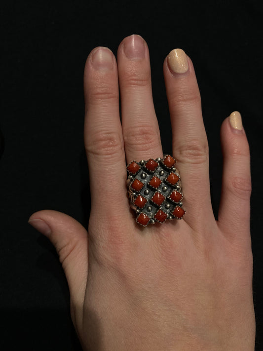 11.0 12 Red Coral Ring by Verley Betone, Navajo