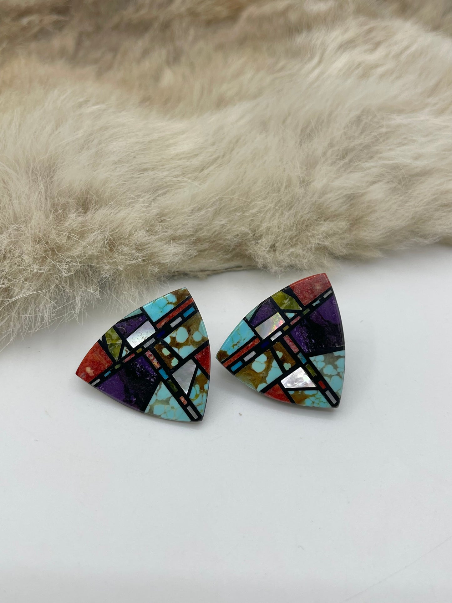 #8 Turquoise, Mother of Pearl, Sugilite, Red Coral, Spiny Oyster, on Black Jet with Post Earrings