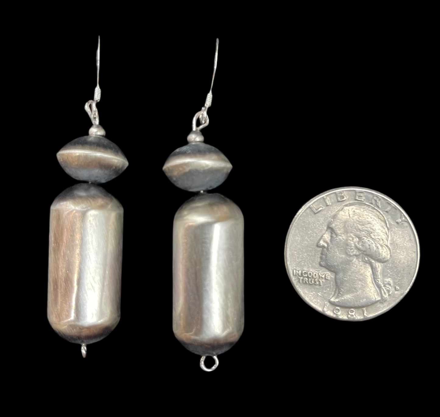 Sterling Silver Handmade Barrel Bead and Navajo Saucer Dangles by Tysha Aparicio, Navajo