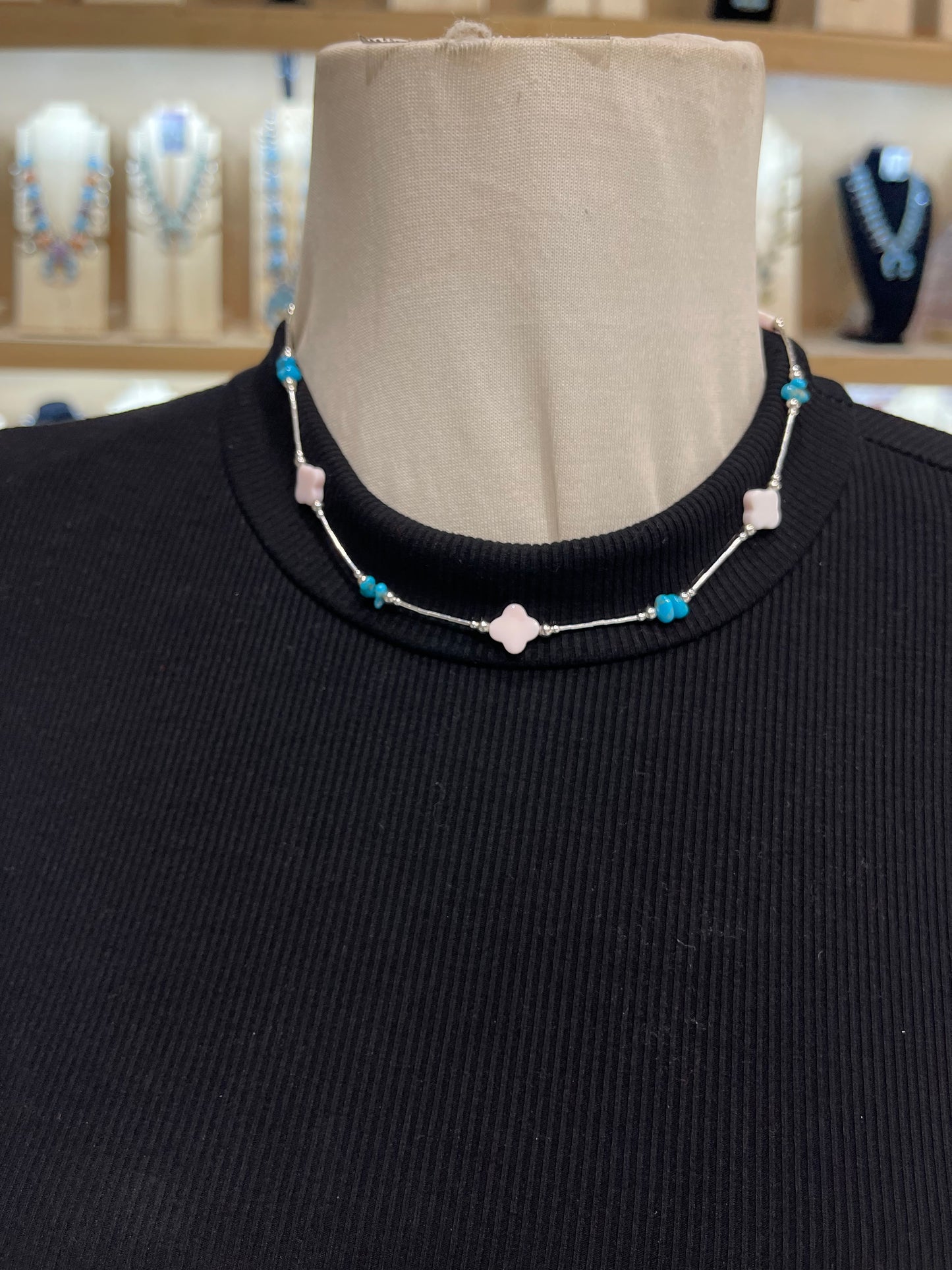Pink Conch Shell and Turquoise on Liquid Silver Necklace