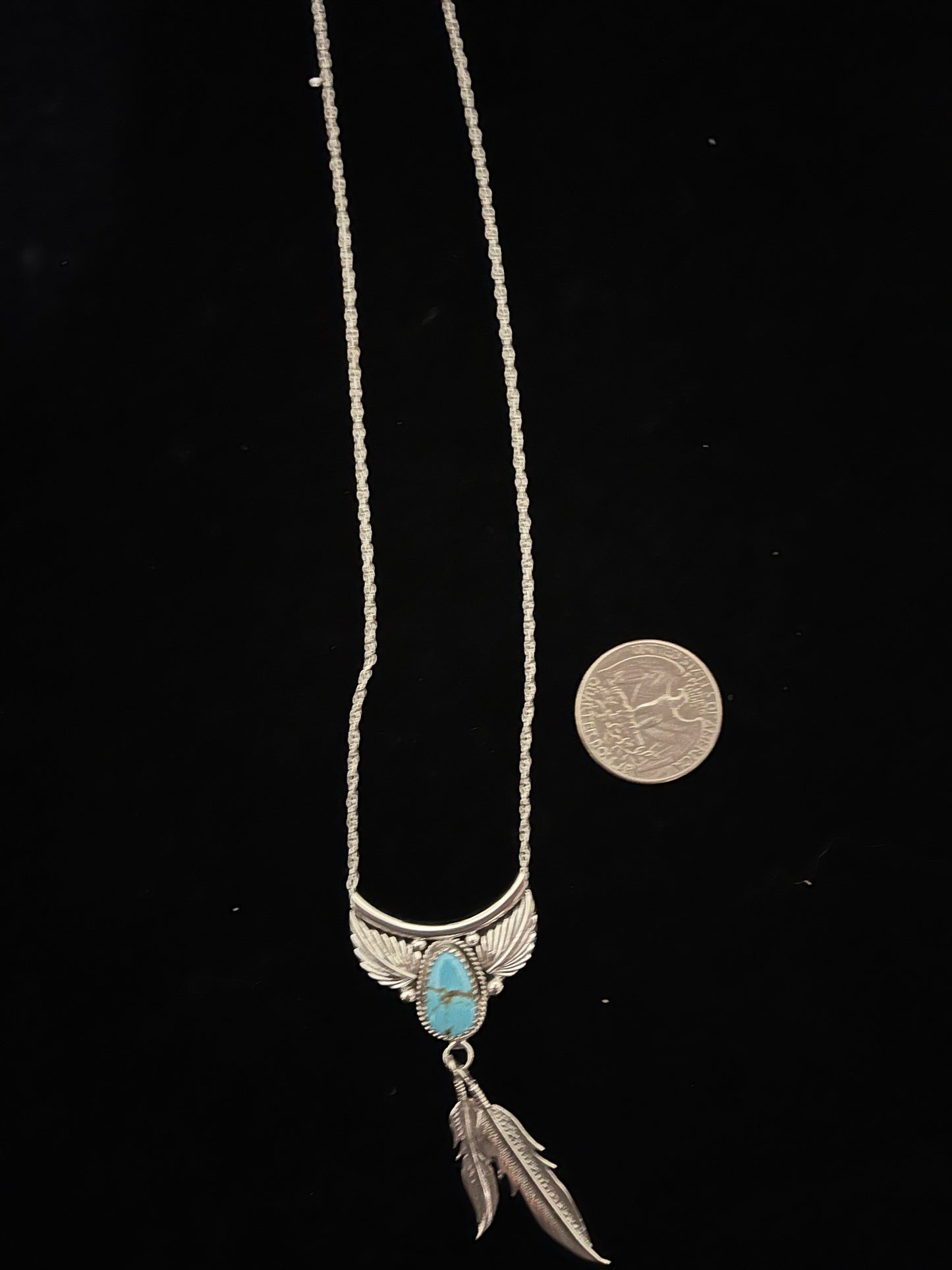 17" Kingman Turquoise Feather Dangle Necklace by Sharon McCarthy, Navajo