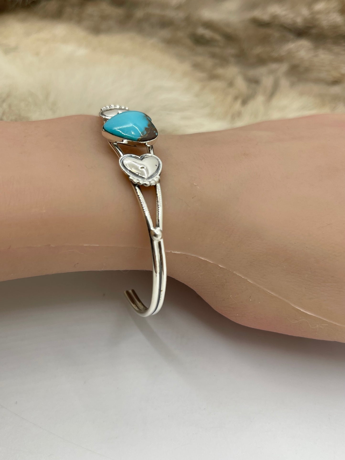 5.5”-7.25” Blue Turquoise Heart Cuff by Sadie Jim, Navajo