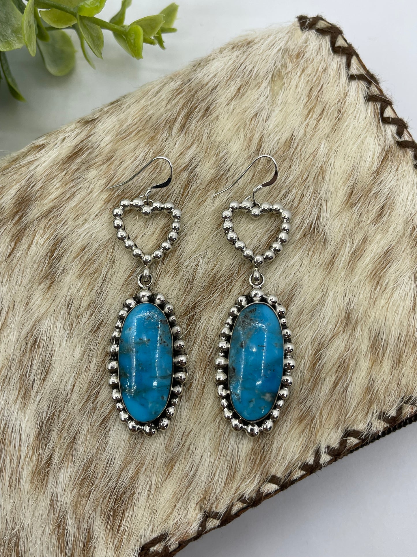 Blue Kingman Turquoise Heart Dangle Earrings by Emerson Delgarito, Navajo