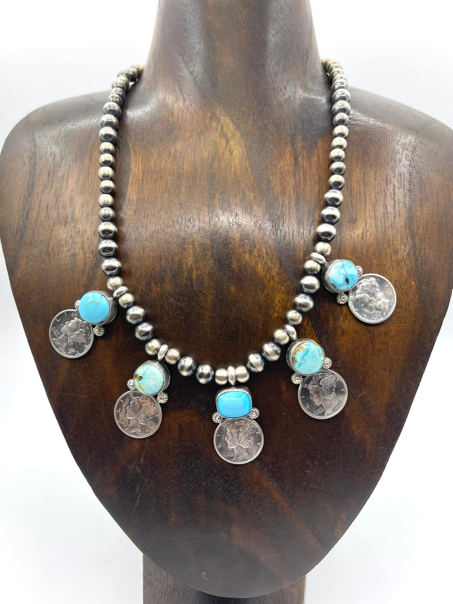 16" + 3" Ext. Silver Mercury Dimes & Golden Hills Turquoise by Jeff Largo, Navajo