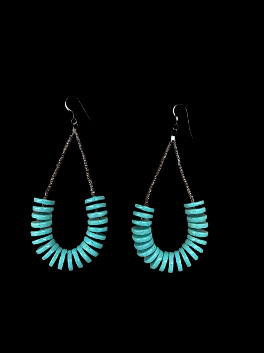 Kingman Turquoise with Pin Shell Dangle Earrings by Deloris Neiato