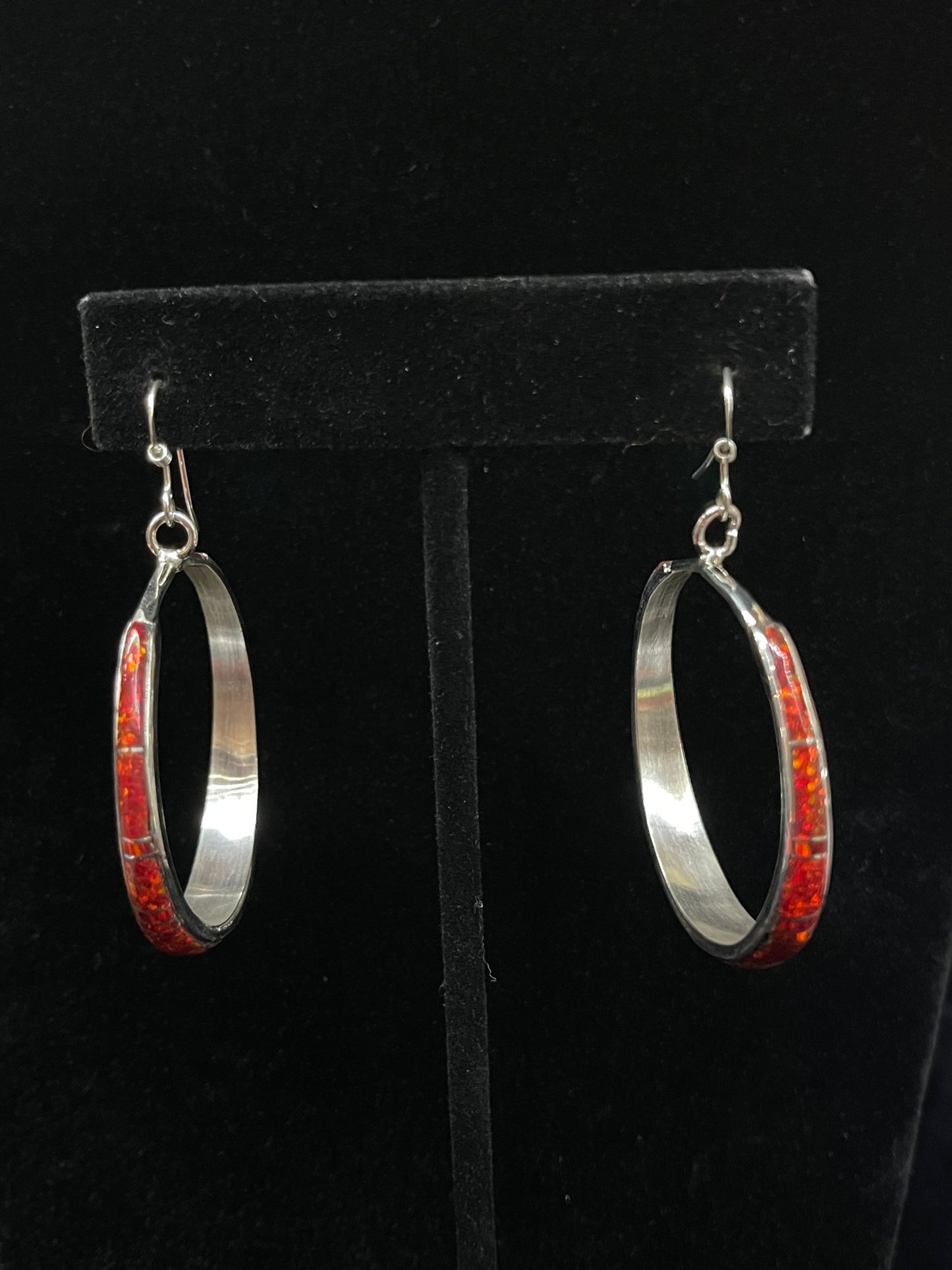 Red Opal Inlay Hoop Earrings by Kerrie Peina, Zuni