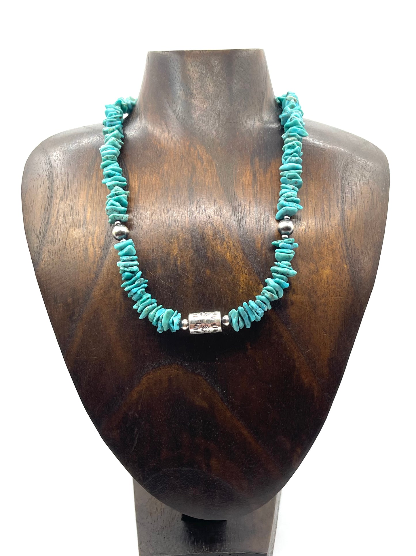 16" Kingman Turquoise Chunky Slabs & Silver Stamped Barrel Bead Necklace
