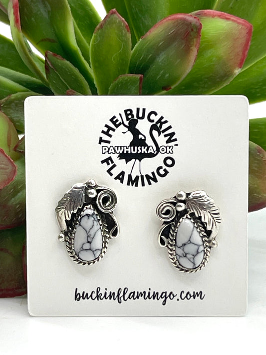 White Howlite Teardrop with Feather Earrings by Sharon McCarthy, Navajo