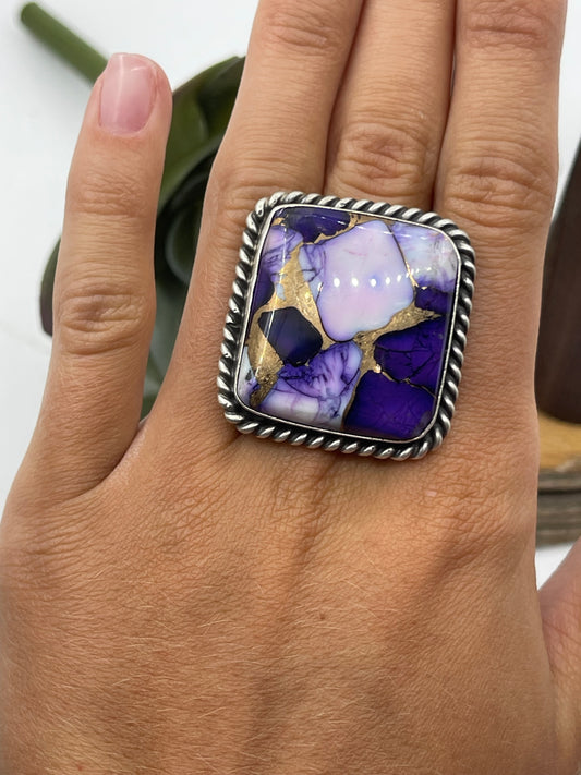 Adjustable Lavender Dahlia Square Ring by Augustine Largo, Navajo