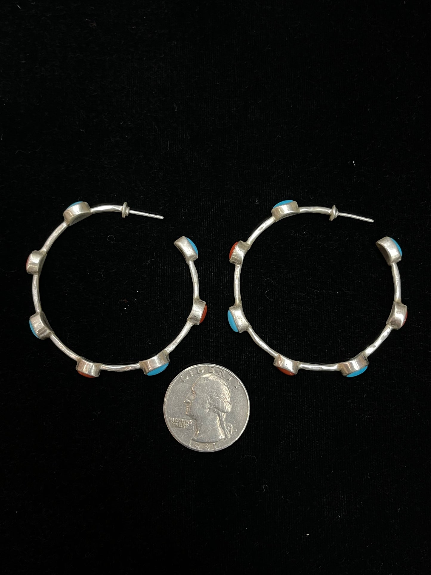 Post Hoop Earrings with Turquoise and Red Coral Stones