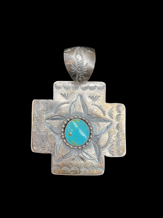 Hand Stamped Sterling Silver Pendant with Turquoise by Delbert Secatero, Navajo