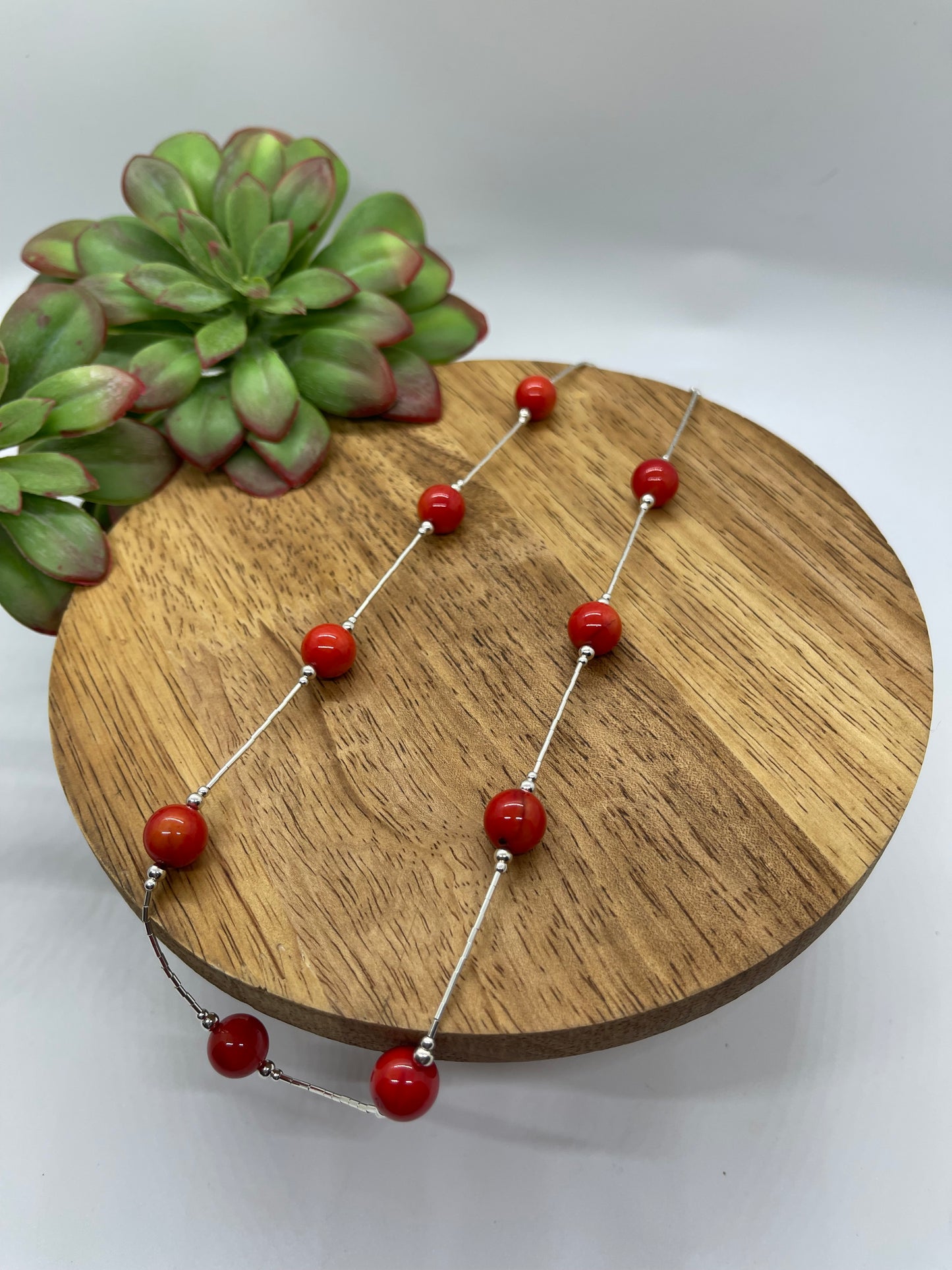 18" 10mm Apple Coral Beaded Necklace on Liquid Silver, Navajo