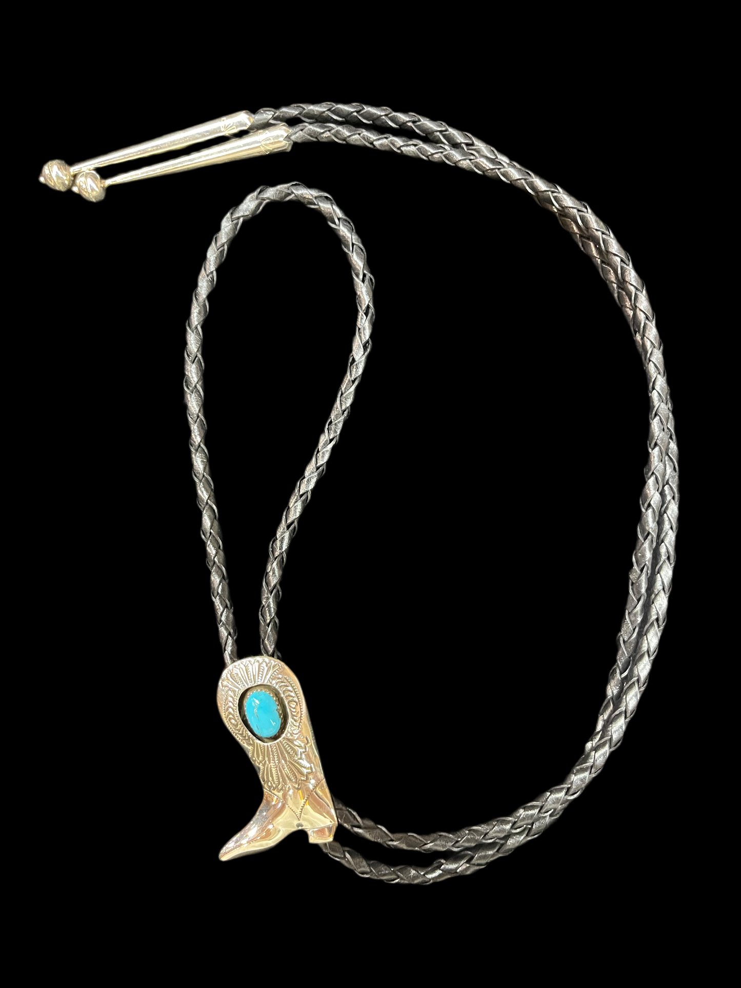 Sleeping Beauty Turquoise Cowboy Boot Bolo Tie by Shirley Skeets, Navajo