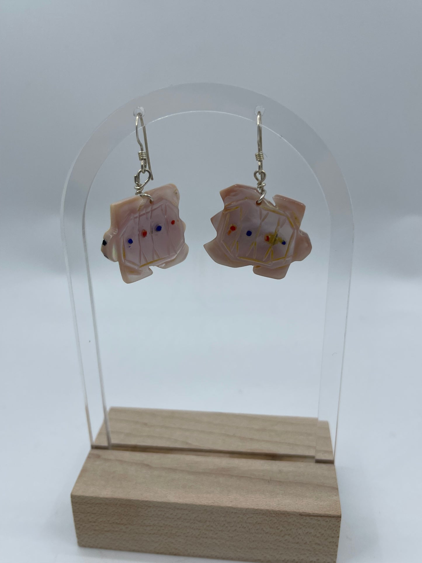 Carved Mother of Pearl Turtle Dangle Earrings by Danny Lonjose, Zuni