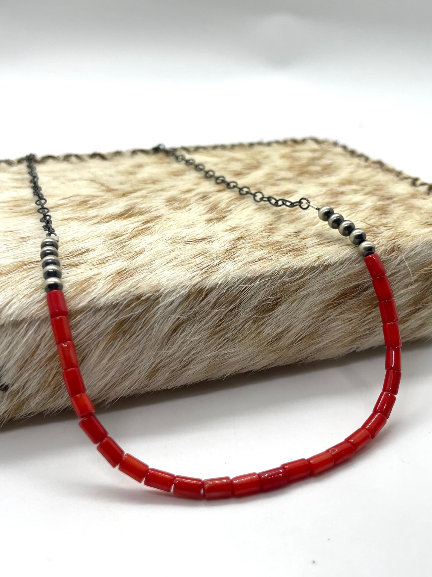 18" Red Coral and Navajo Pearls Beaded Chain Necklace