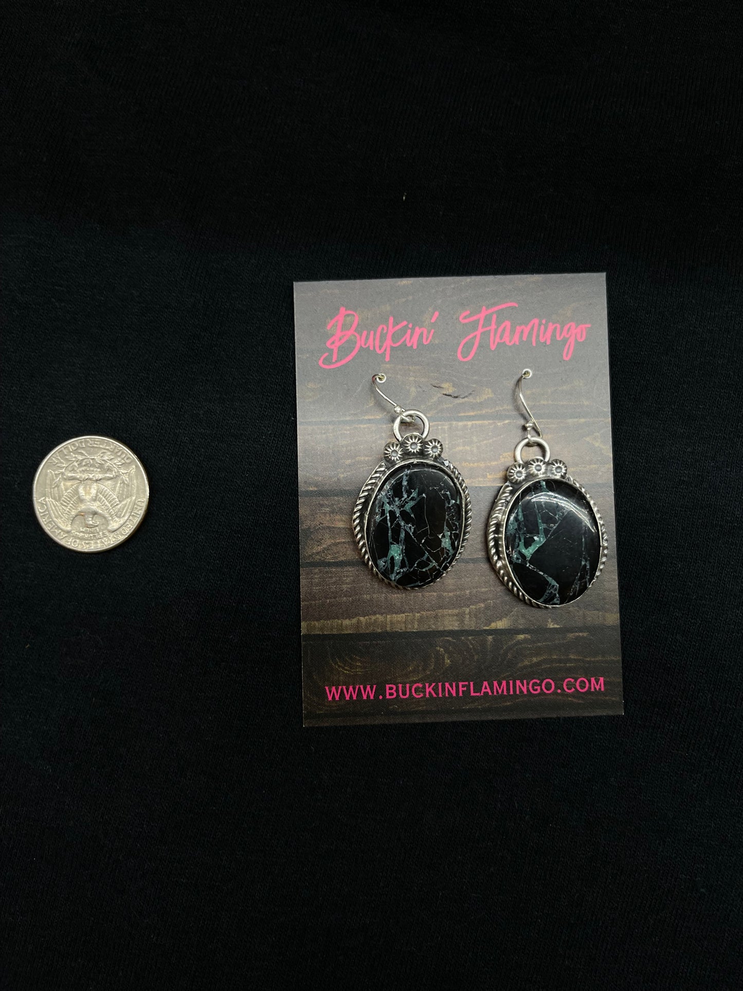 Black Buffalo Turquoise Circle Dangle Earrings by Boyd Ashley, Navajo