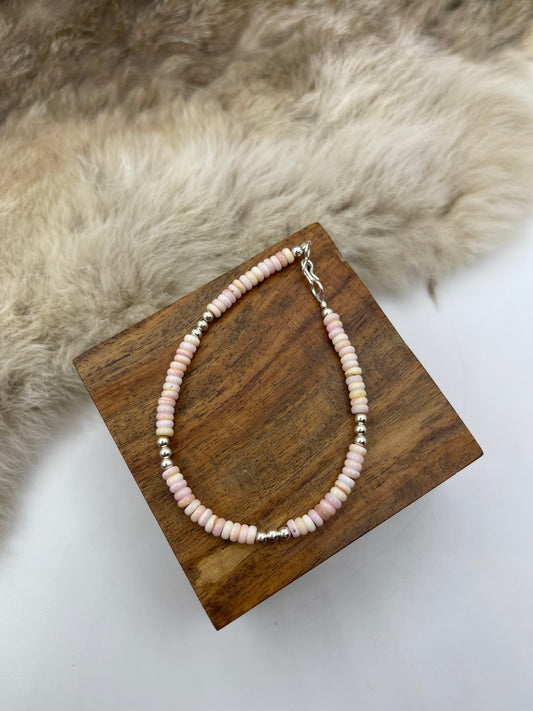 6.5” 4mm Pink Conch Shell Bead Bracelet with 3mm Silver Beads