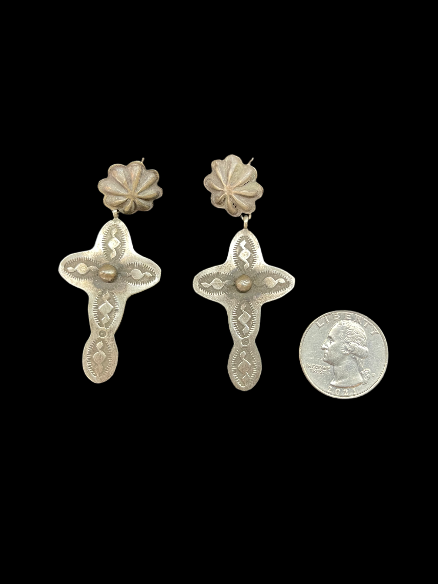 Double Concho Cross Post Dangle Earrings by Rose Lincoln, Navajo