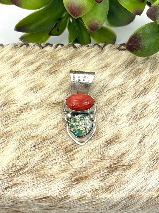 Sonoran Gold Turquoise & Red Spiny Oyster 2 Stone Pendant by Boyd J. Ashley, Navajo