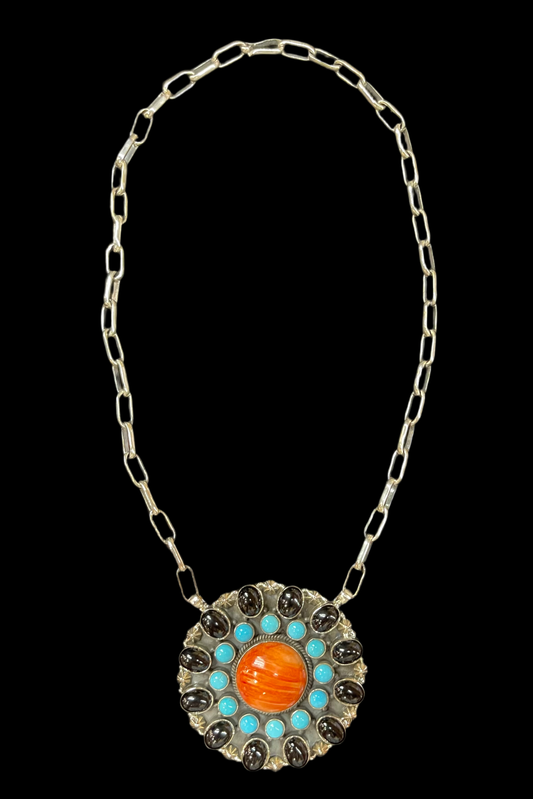 16" Sleeping Beauty Turquoise, Orange Spiny Oyster Shell, and Black Onyx Cluster Necklace