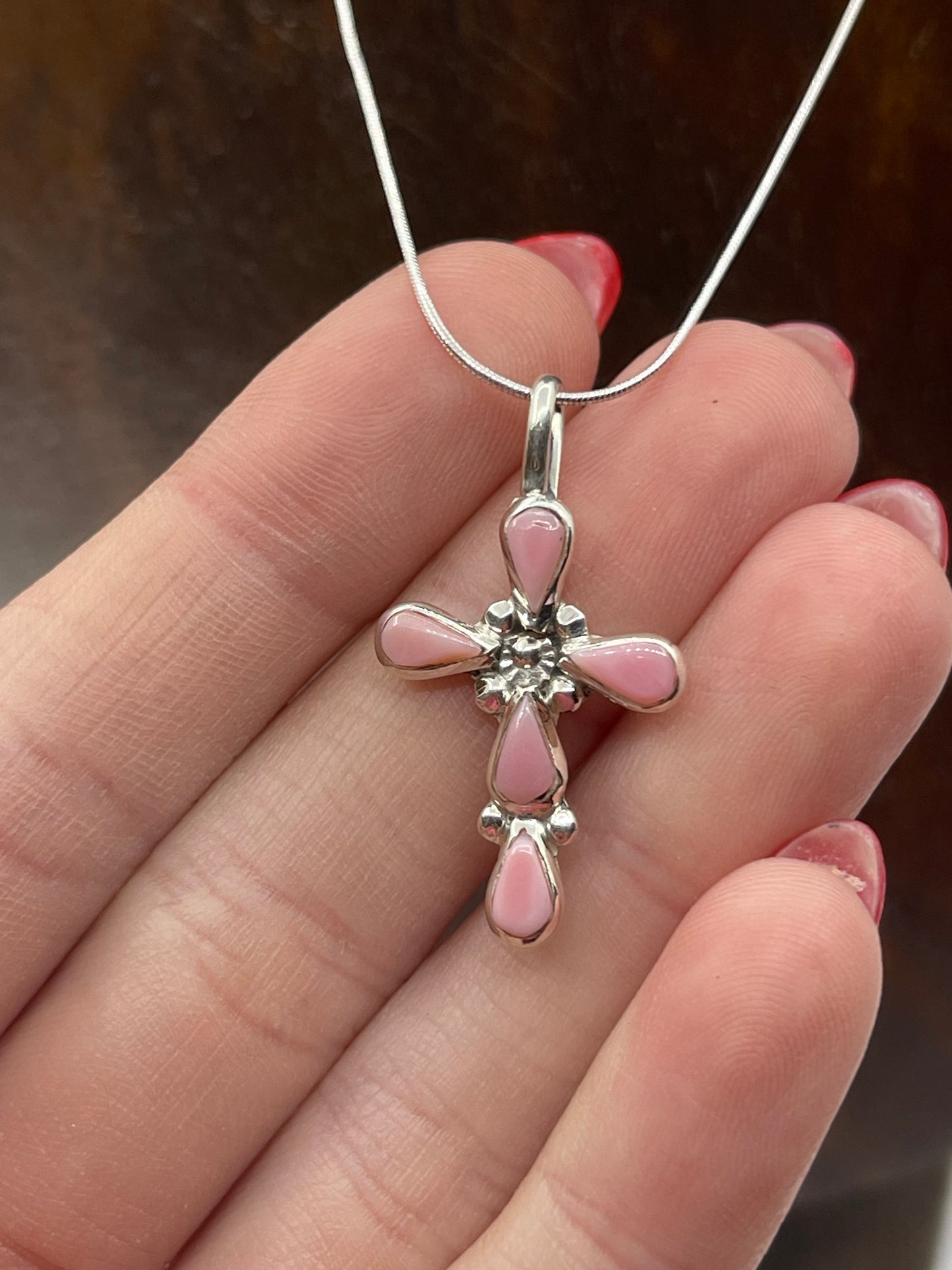 16" Pink Conch Shell Cross Necklace by Bryce Vacit, Navajo