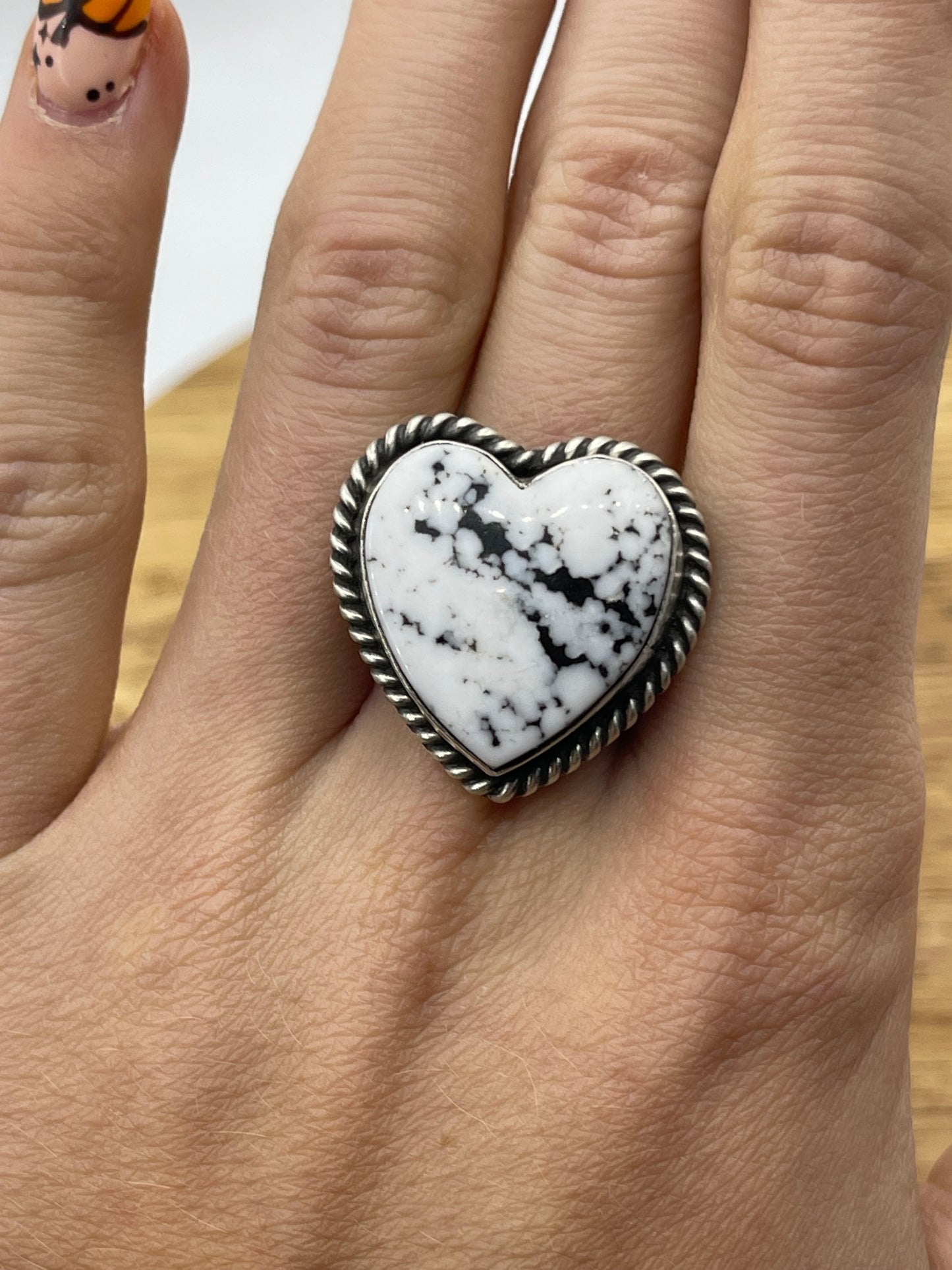 Adjustable White Buffalo Heart Ring by Johnny Dixon, Navajo