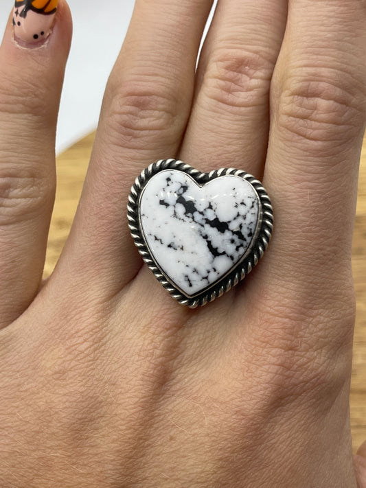 Adjustable White Buffalo Heart Ring by Johnny Dixon, Navajo