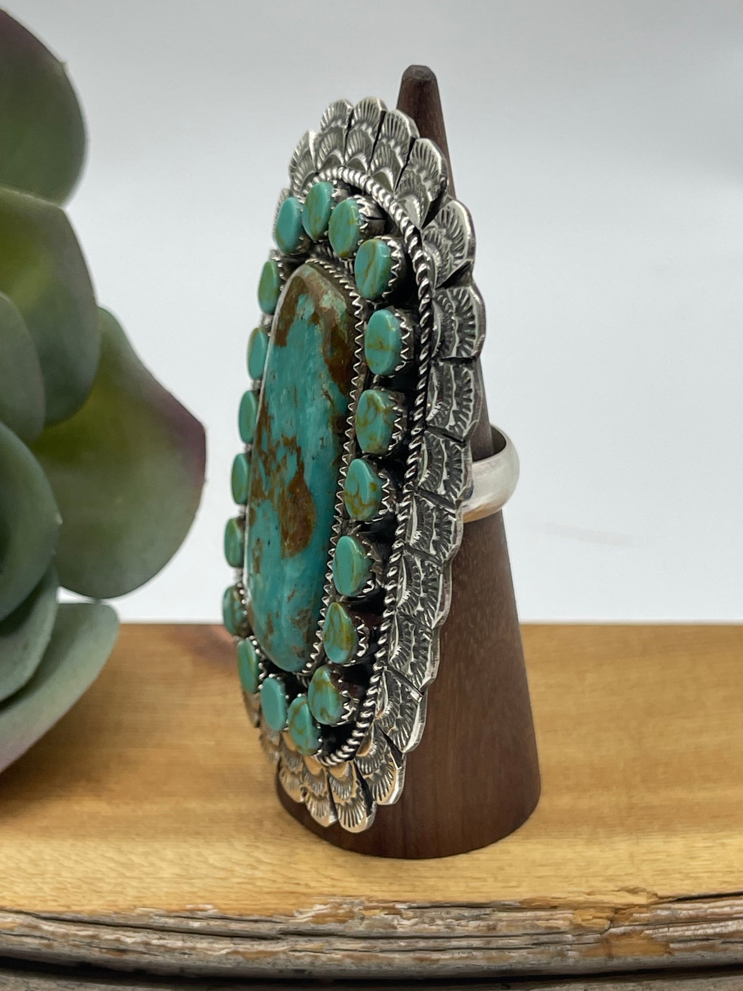 Adjustable Kingman Turquoise Cluster Ring by Larry Etsitty, Navajo