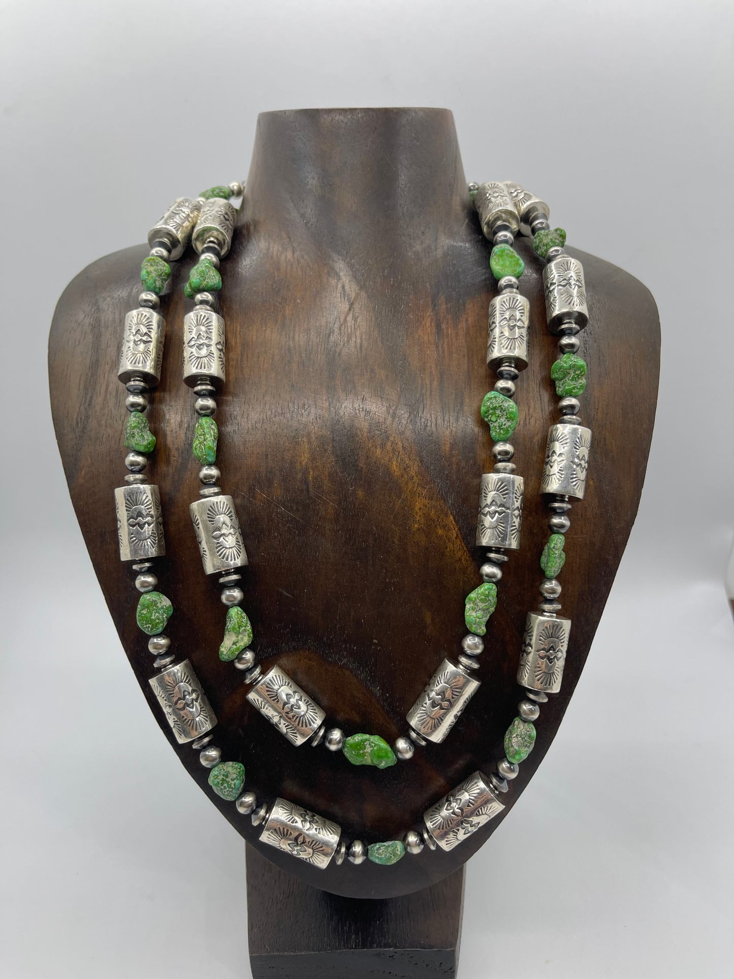 44'' Stamped Navajo Style Barrel Beads With Green Sonoran Gold Turquoise