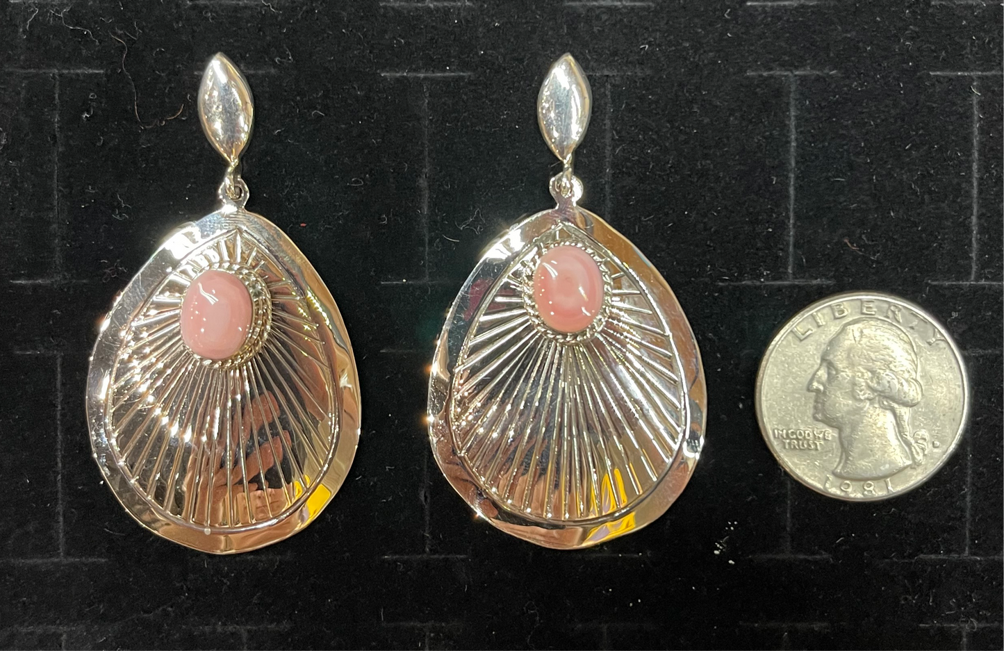 Stamped Concho Earrings with Pink Conch Shell made by Jennifer Cayaditto, Navajo