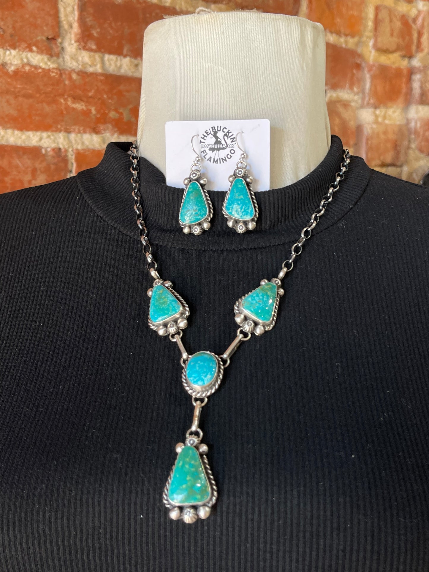 Kingman Turquoise Lariat Necklace and Earrings Set by Augustine Largo, Navajo