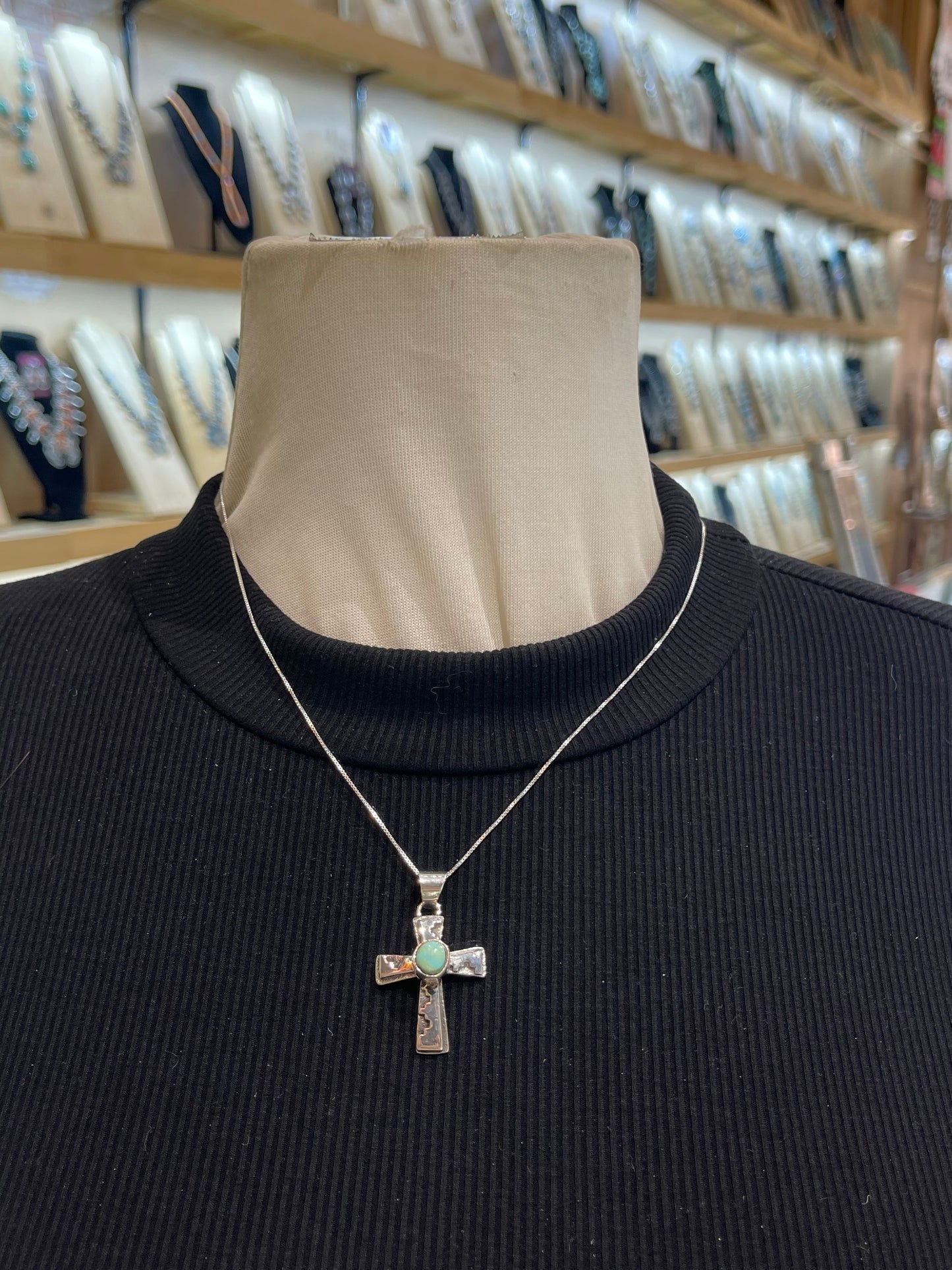 18" Silver Overlay Cross with Design & Turquoise, Navajo Made