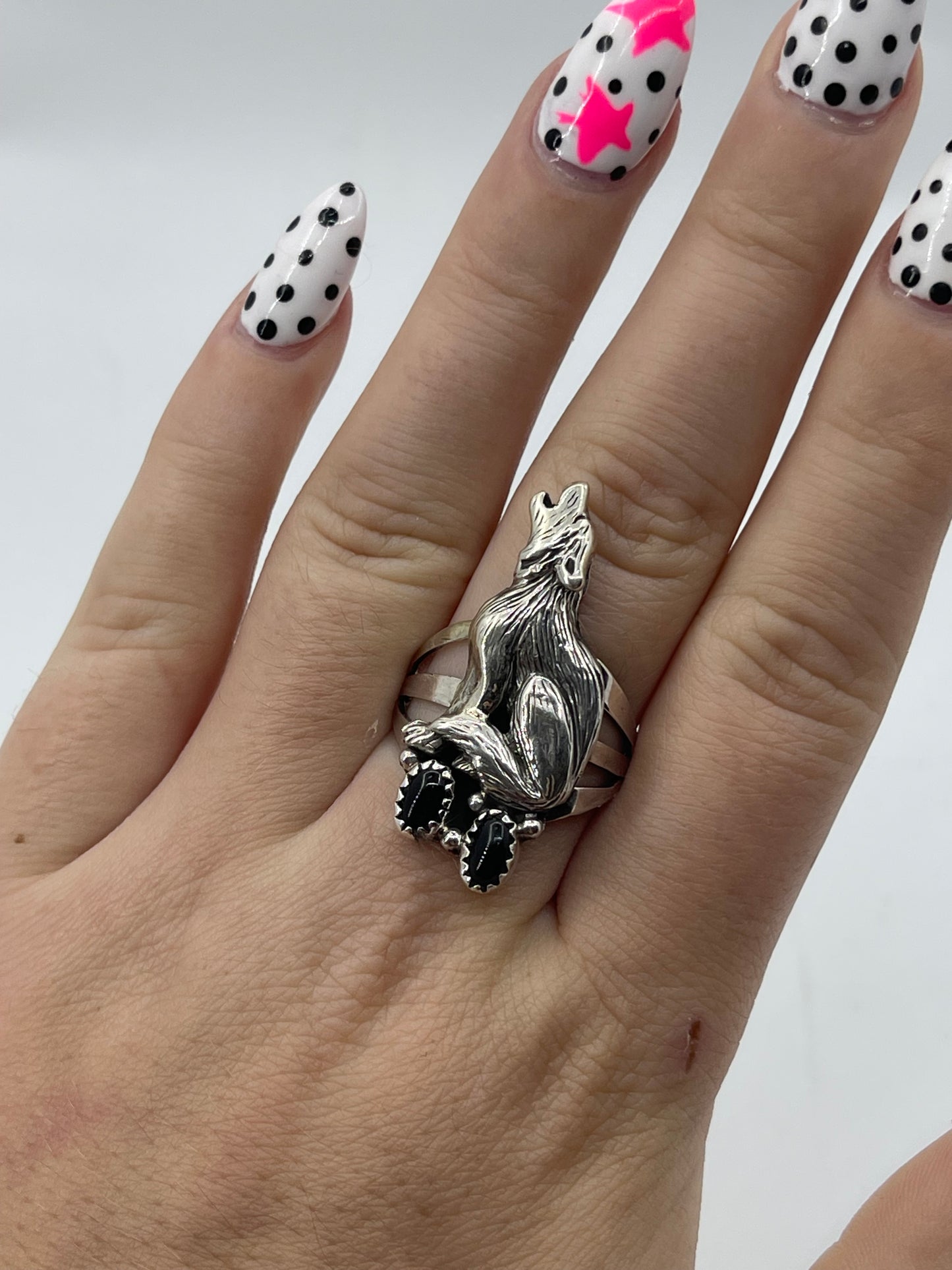 Wolf  Howling Ring w/ Black Onyx by Robert Martinez