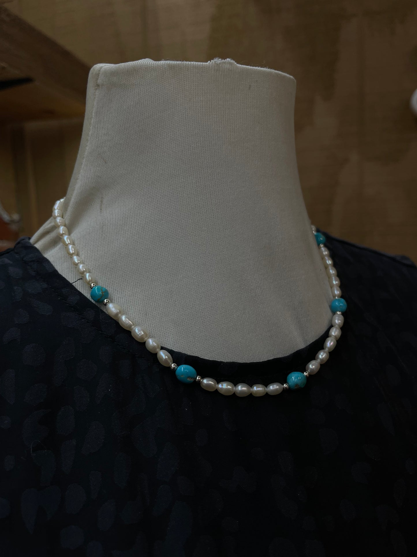 18" Freshwater Pearls and Sleeping Beauty Turquoise Necklace