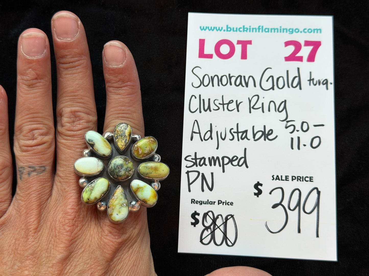 LOT 27 8/9 Sonoran Gold Turquoise Cluster Ring Adjustable 5.0-11.0 Stamped PN