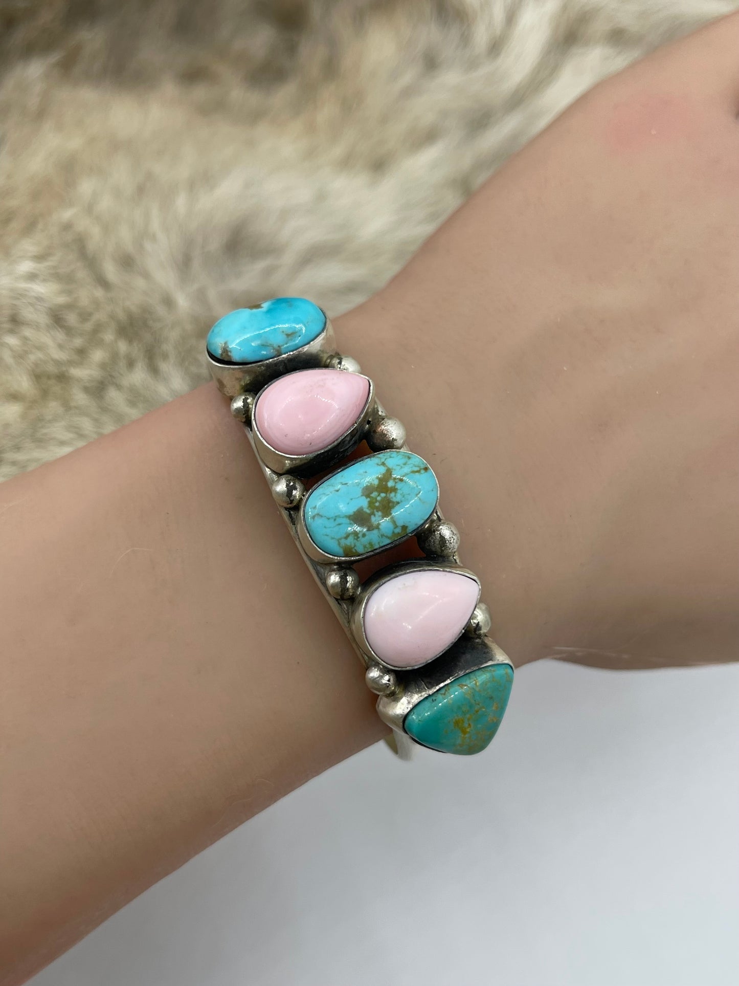 5 Stone Pink Conch & Turquoise Cuff by Augustine Largo, Navajo