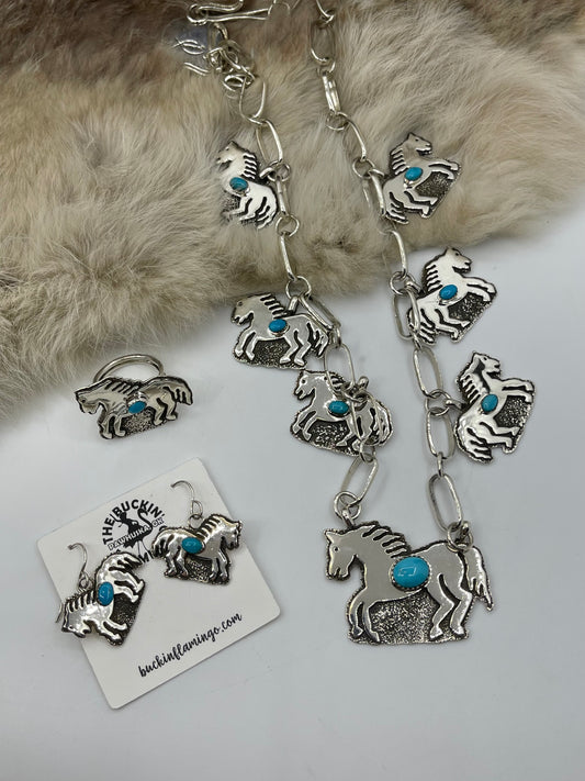 3 Piece Horse Set with Sleeping Beauty Turquoise by Marie Jackson, Navajo