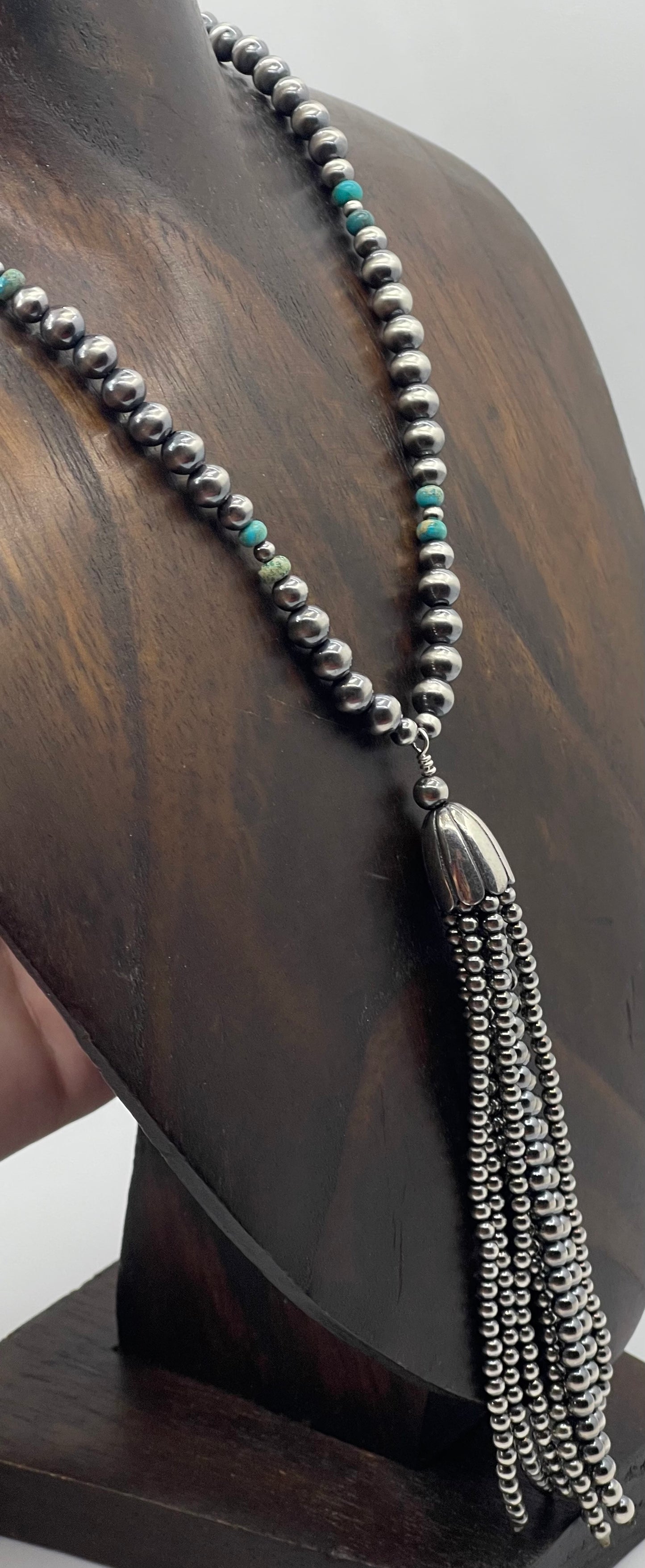 18" 6mm Navajo Pearls with a 5" Tassel Lariat Necklace