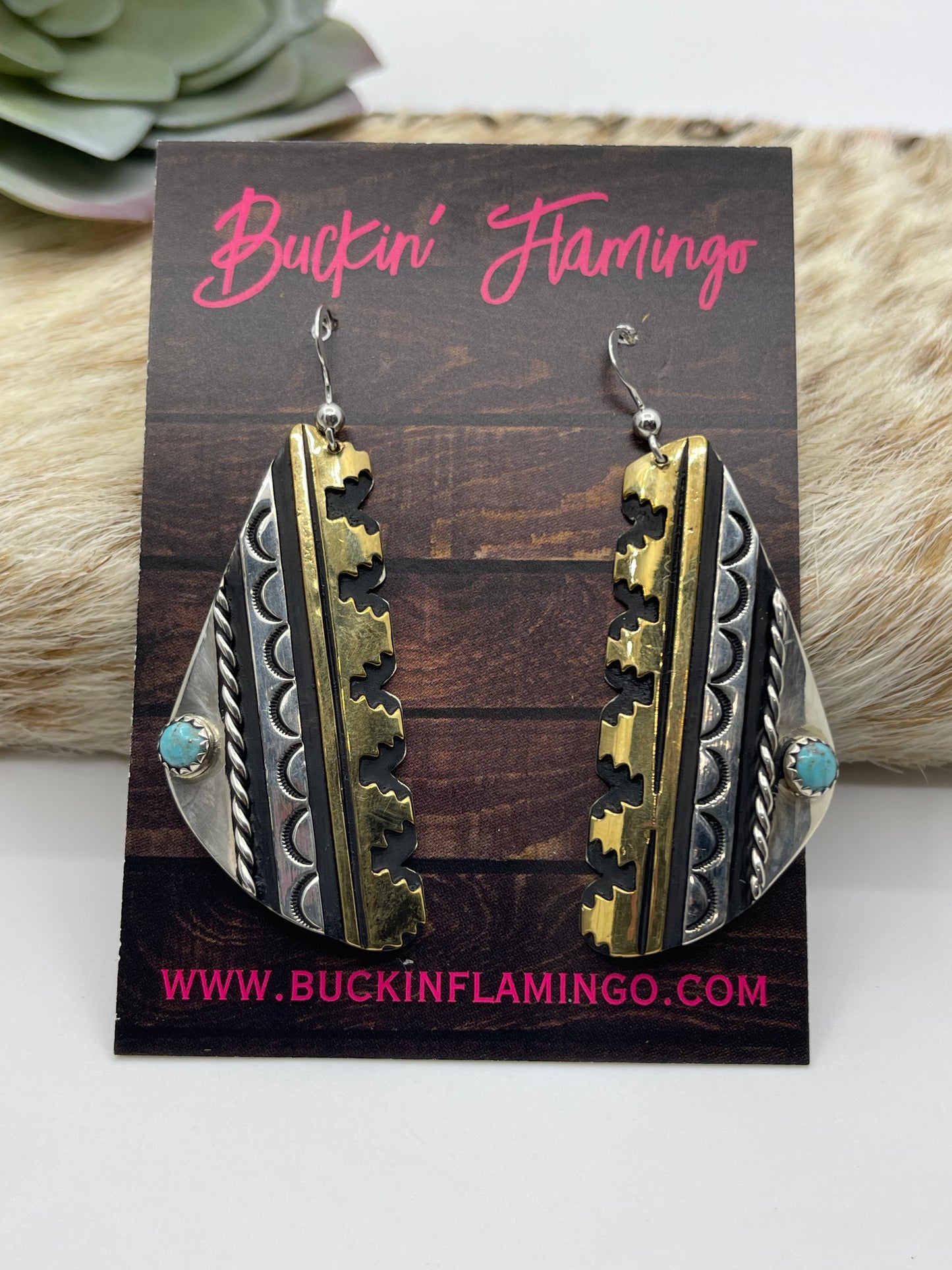 Brass and Silver Overlay with Turquoise Dangle Earrings by Tommy and Rose Singer, Navajo