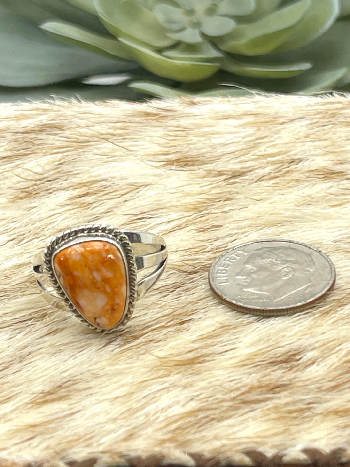 6.5 Orange Spiny Oyster Shell Triangle Ring by Tom Dinetso, Navajo